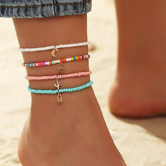 Rainbow Moon Star Lock Cactus Anklet in Solid Copper, Resin