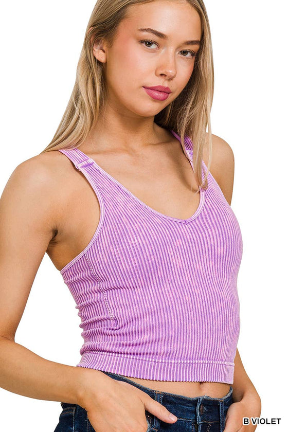 Washed Seamless Rib Crop Tank w\ padded bra: S/M / N CORAL FUCHSIA-163346