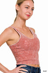 Washed Seamless Rib Crop Tank w\ padded bra: S/M / N CORAL FUCHSIA-163346