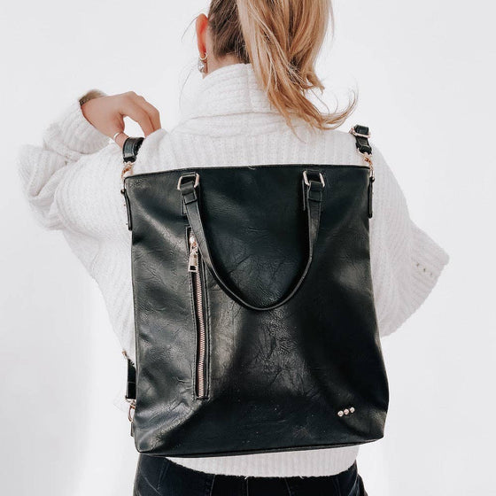 Upper East Side Vegan Leather Backpack & Crossbody Tote Bag: Brown