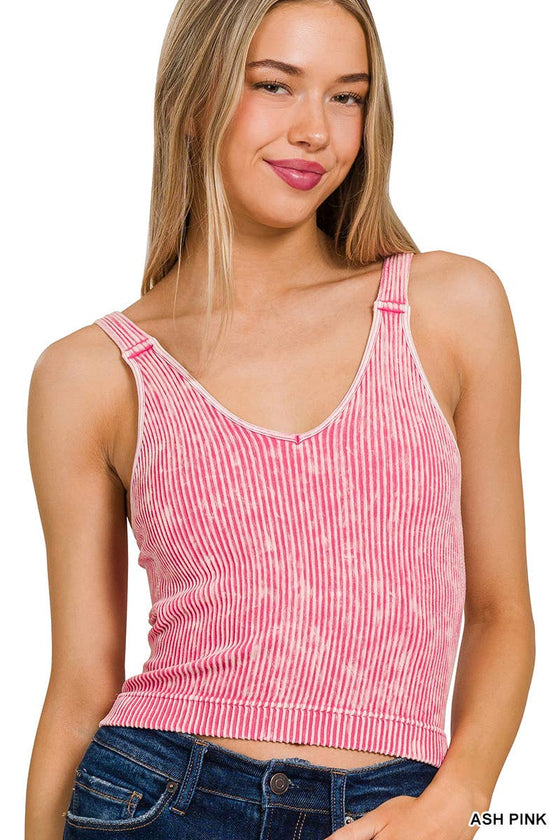 Washed Seamless Rib Crop Tank w\ padded bra: S/M / N CORAL FUCHSIA-163346