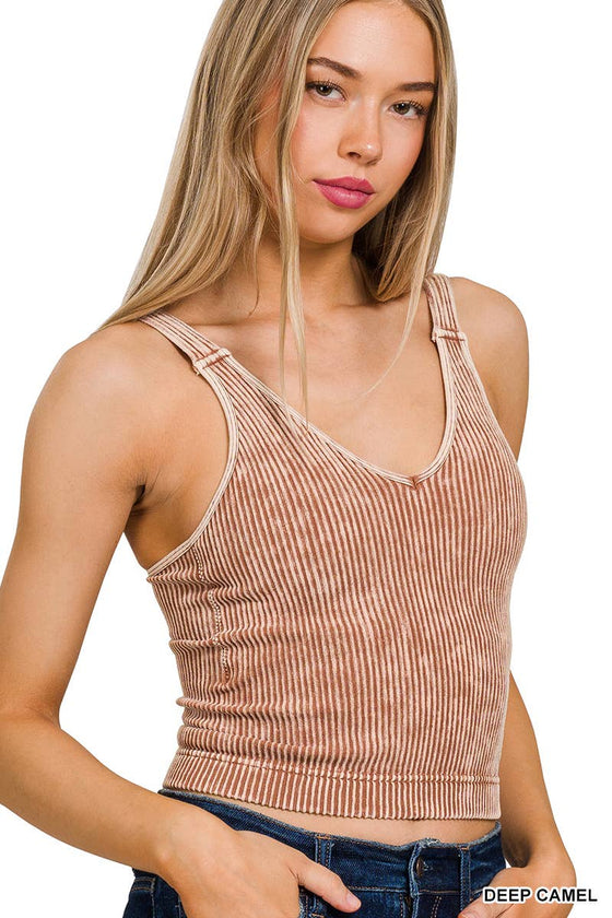 Washed Seamless Rib Crop Tank w\ padded bra: S/M / N CORAL FUCHSIA-163346