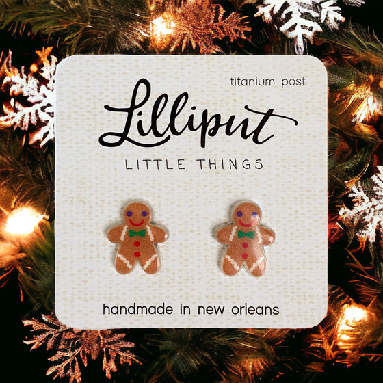 Lilliput Little Things Handmade Christmas Gingerbread Man Earrings with Christmas Tree Background - Front View