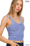 Washed Seamless Rib Crop Tank w\ padded bra: S/M / N CORAL FUCHSIA-163346