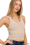 Washed Seamless Rib Crop Tank w\ padded bra: S/M / N CORAL FUCHSIA-163346